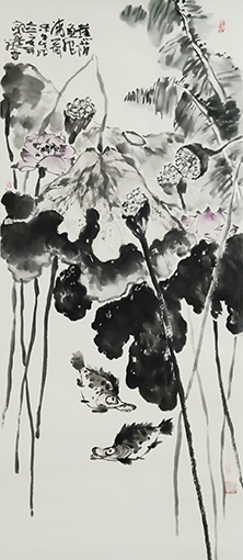 孔晓书作品3《蕉荫鱼肥清荷香》国画 花鸟(144.5x62cm 2018)